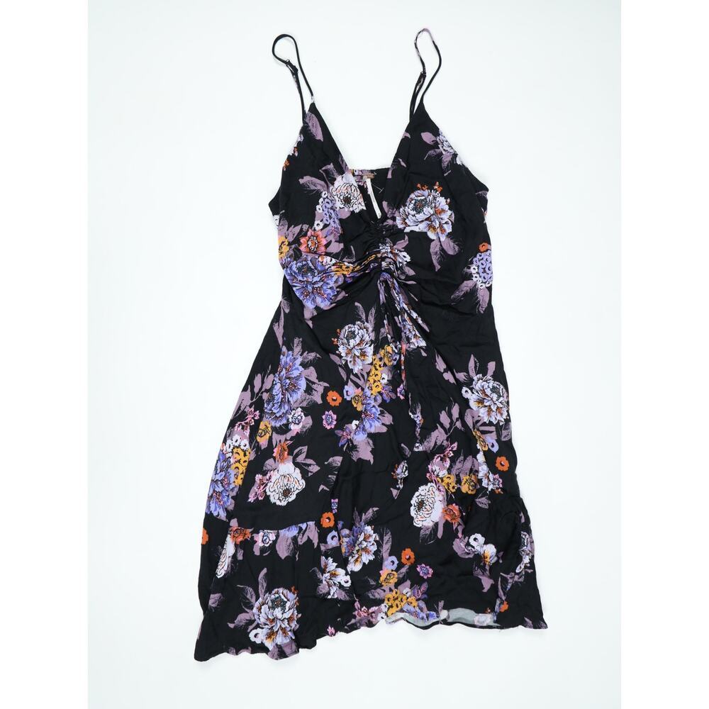 Free People Black Floral Mini Dress Boho Ruched Tie Front Festival Babydoll S - Picture 9 of 16
